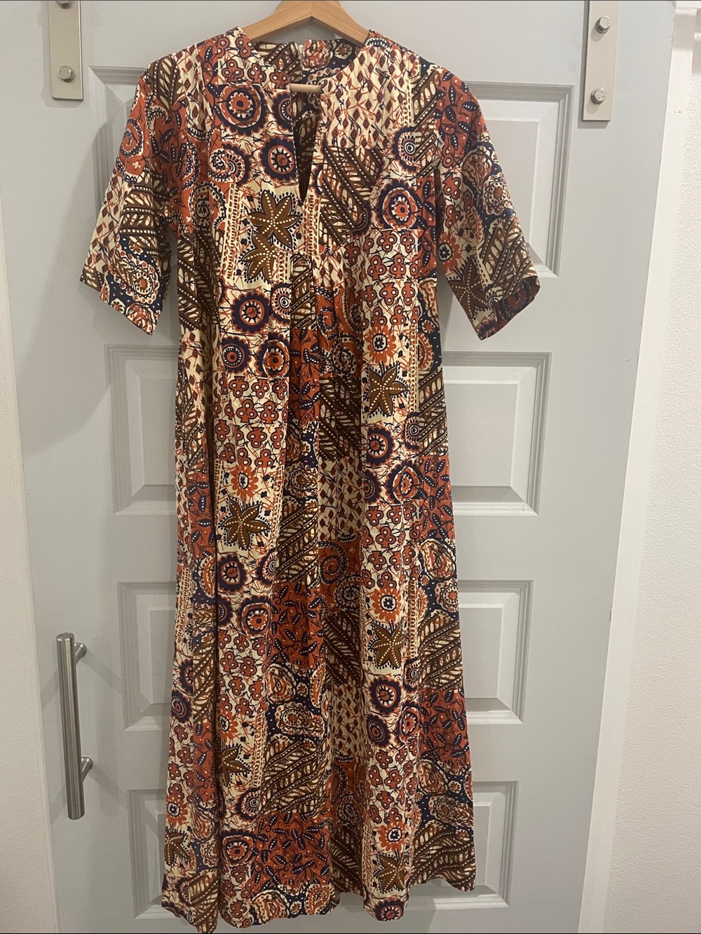 Vintage ‘70s “Smart Time” maxi dress, bell sleeves, Small, batik UNION MADE
